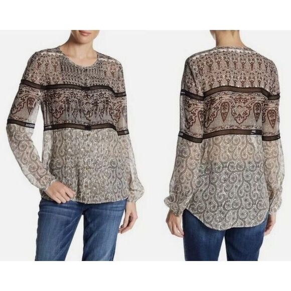 Veronica Beard Women's Brown Nude Sheer Daisy Trim Lace Silk Blouse Size 4 - Picture 1 of 8
